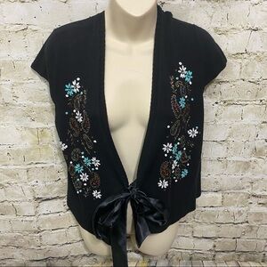 Christine Phillipe Black Floral Beaded Sequin Tie Front Cardigan